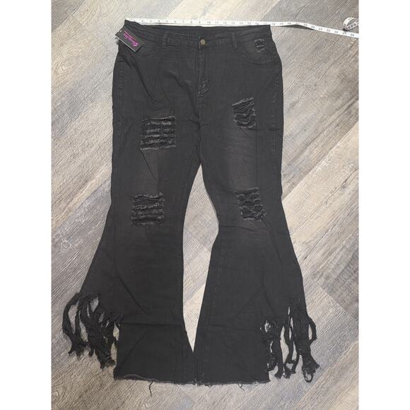 Sheng Fan Pants - Sheng Fan Womens 2XL Black Distressed Flare Pants Stretch Bell Bottom NWT